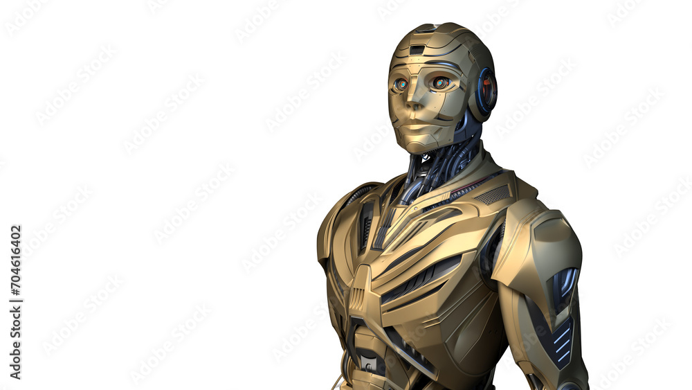 Poster futuristic robot man or humanoid cyborg with yellow face showing some internal parts of his metallic