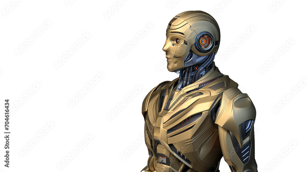 Poster futuristic robot man or humanoid cyborg with yellow face showing some internal parts of his metallic