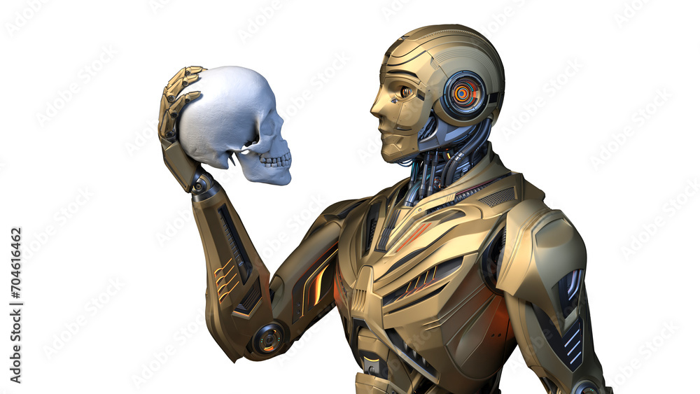 Poster futuristic robot man or humanoid cyborg holding and looking at a human skull. side view of the upper