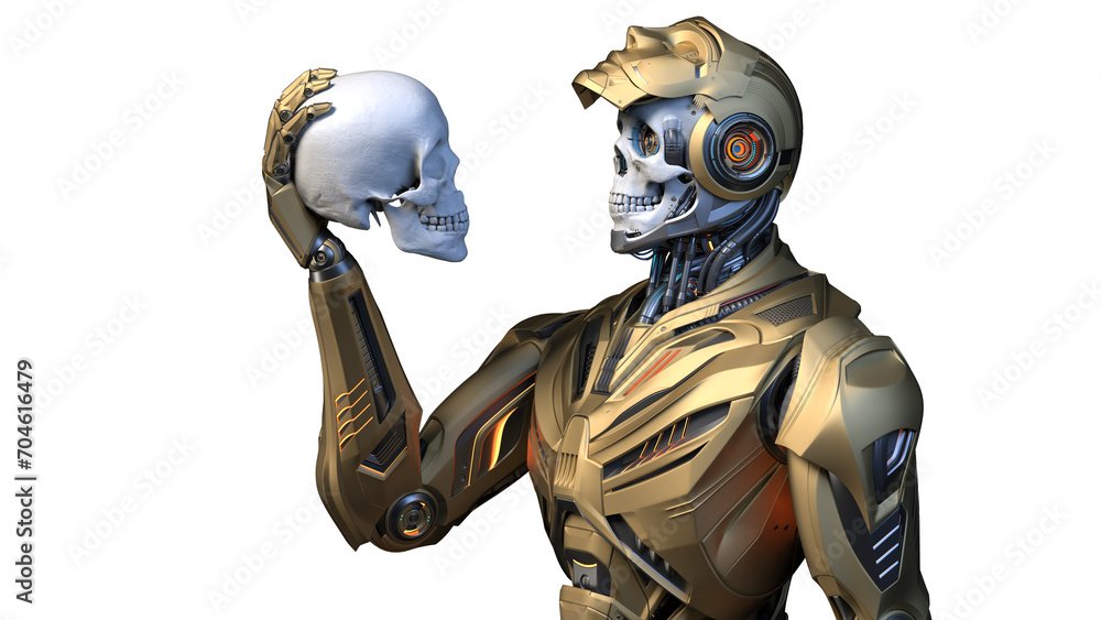 Poster futuristic robot man or humanoid cyborg holding and looking at a human skull. side view of the upper