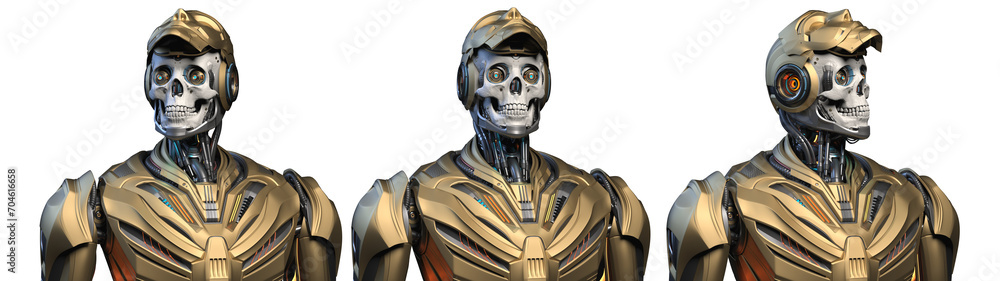 Poster futuristic robot man or humanoid cyborg with post apocalyptic human skull under the face mask lookin