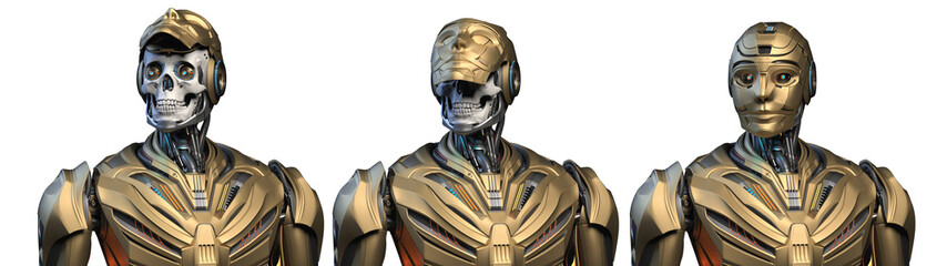 Futuristic robot man or humanoid cyborg with post apocalyptic human skull under the face mask looking around. Upper body isolated on transparent background. 3d rendering of three poses