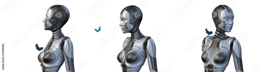 Poster detailed futuristic robot woman or humanoid cyber girl playing with a butterfly creating a contact w
