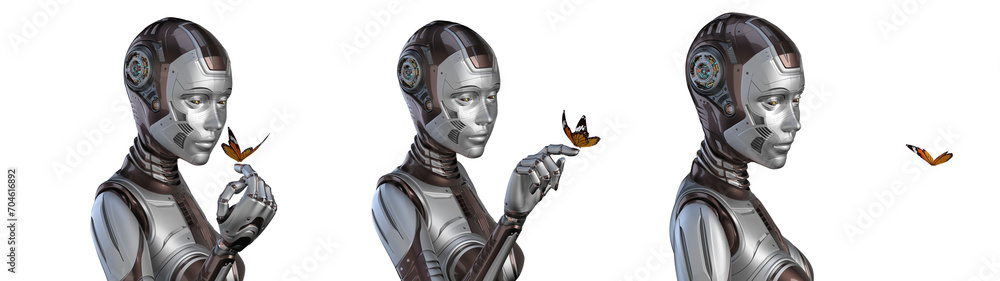 Poster detailed futuristic robot woman or humanoid cyber girl playing with a butterfly creating a contact w