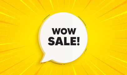 Wow Sale tag. Speech bubble sunburst banner. Special offer price sign. Advertising Discounts symbol. Wow sale chat speech message. Yellow sun burst background. Vector