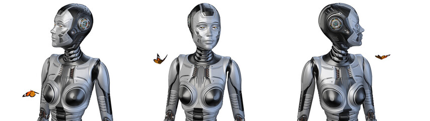 Detailed futuristic robot woman or humanoid cyber girl playing with a butterfly creating a contact with nature. Upper body isolated on transparent background. 3d rendering set of three angles or poses