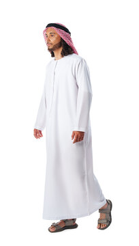 Full-length portrait of young middle-east man in thobe dress on white background