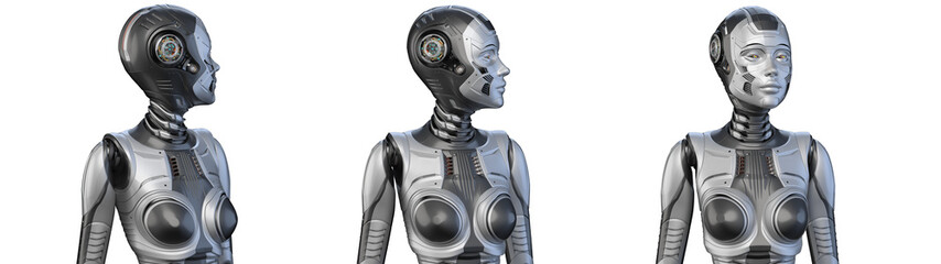 Futuristic robot woman or detailed humanoid lady looking around. Front view of the upper body isolated on transparent background.  Set of three poses. 3d rendering