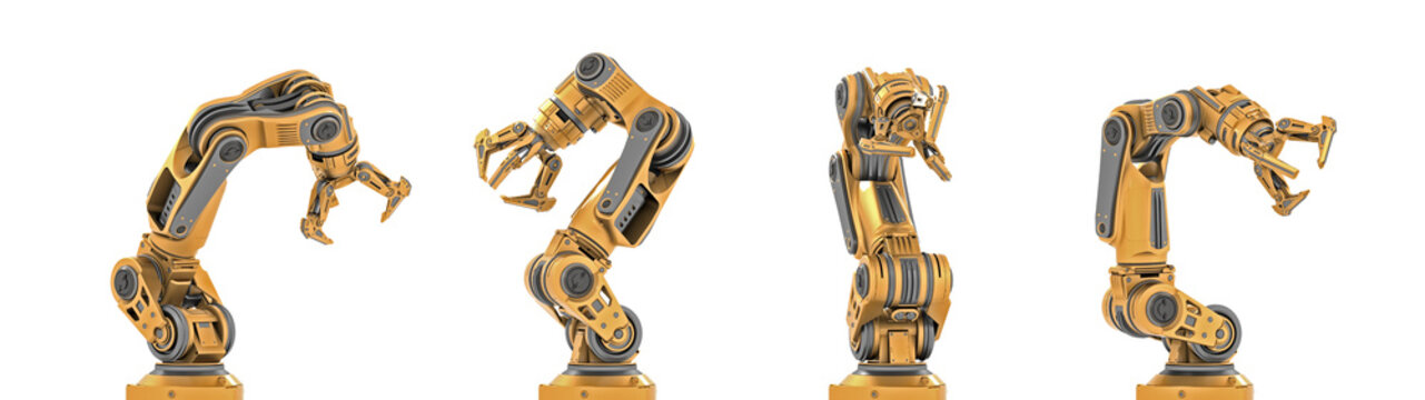 Robotic arm or yellow mechanical hand computing different movements. Industrial robot manipulator. Futuristic technology. Collage or set of four positions. 3d rendering isolated on transparent