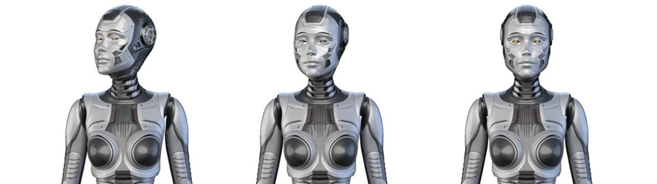 Futuristic robot woman or detailed humanoid lady looking around. Front view of the upper body isolated on transparent background.  Set of three poses. 3d rendering