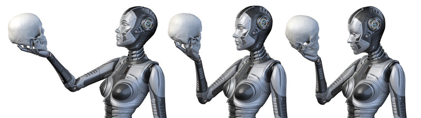 Futuristic robot woman or humanoid cyber girl holding and looking at a human skull. Side view of the upper body isolated on transparent background. Set of three poses. 3d rendering - obrazy, fototapety, plakaty