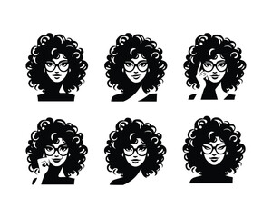set of black and white a woman in glasses  with curly hair. woman  silhouette with different facial expression 