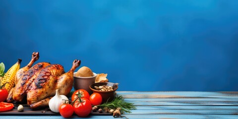 Outdoor food concept of grilled chicken and vegetables on a blue wooden table.