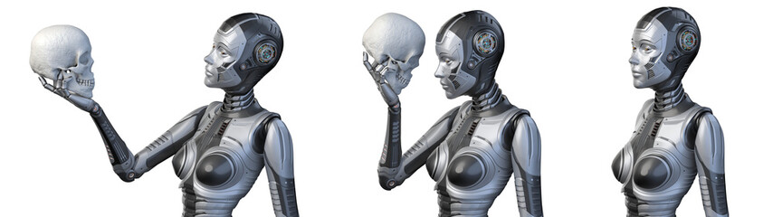 Futuristic robot woman or humanoid cyber girl holding and looking at a human skull. Side view of the upper body isolated on transparent background. Set of three poses. 3d rendering