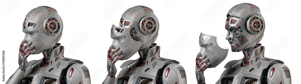 Poster detailed futuristic robot man or humanoid cyborg removes his face mask showing vey complex mechanism