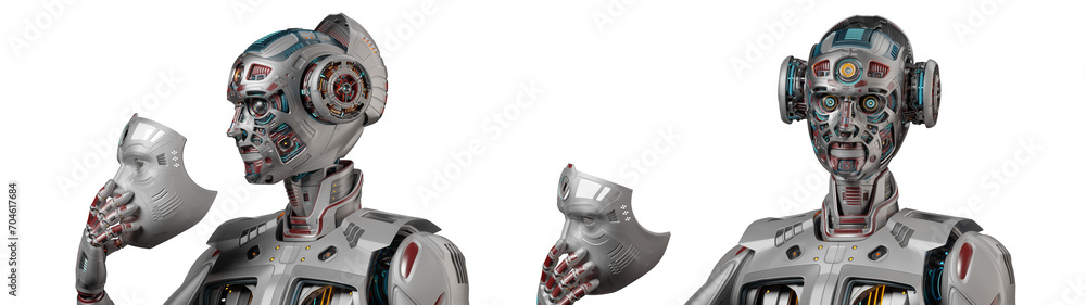 Poster detailed futuristic robot man or humanoid cyborg removes his face mask showing vey complex mechanism