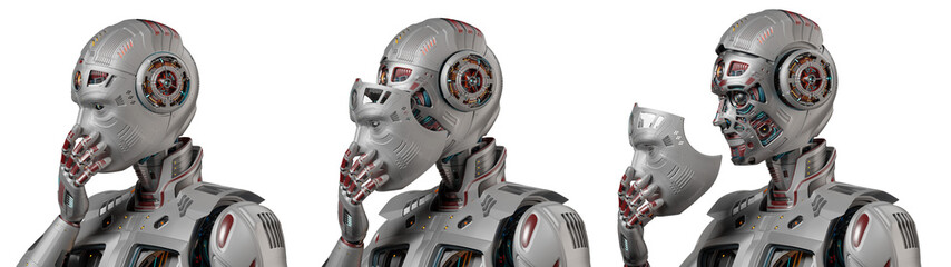 Detailed futuristic robot man or humanoid cyborg removes his face mask showing vey complex mechanism of his head with many gears. 3d rendering isolated on transparent background. Set of three poses.