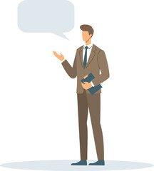 Flat vector illustration. A young man in a business suit holds a folder and says something. Place for your text in the speech bubble. Vector illustration