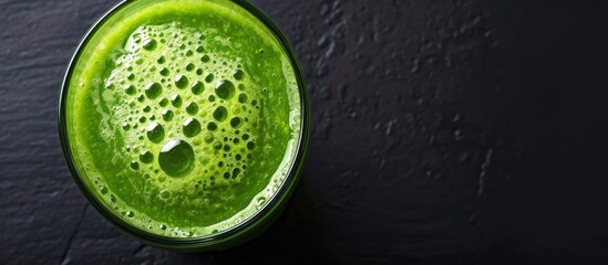 Green juice on black background, clipping path, top view.