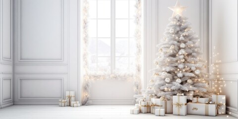 Christmas tree with white decor and gift garland for New Year's interior.