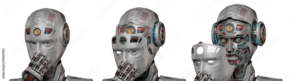 Poster detailed futuristic robot man or humanoid cyborg removes his face mask showing vey complex mechanism