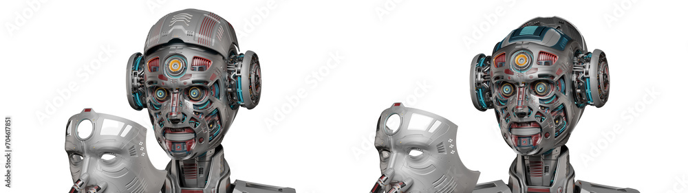 Poster detailed futuristic robot man or humanoid cyborg removes his face mask showing vey complex mechanism