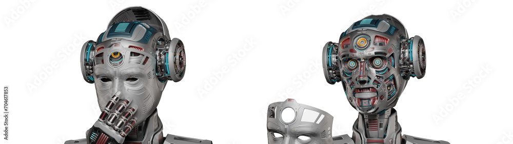 Poster detailed futuristic robot man or humanoid cyborg removes his face mask showing vey complex mechanism