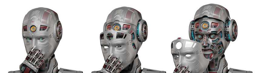 Detailed futuristic robot man or humanoid cyborg removes his face mask showing vey complex mechanism of his head with many gears. 3d rendering isolated on transparent background. Set of three poses	