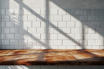 Empty wooden table and tile wall, product placement mockup.