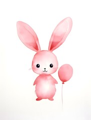 Watercolor Drawing of a pink Bunny on a white Background. Easter Card Template with Copy Space