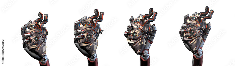 Poster robotic arm holds detailed artificial heart or metallic hand shows cybernetic organ with moving gear