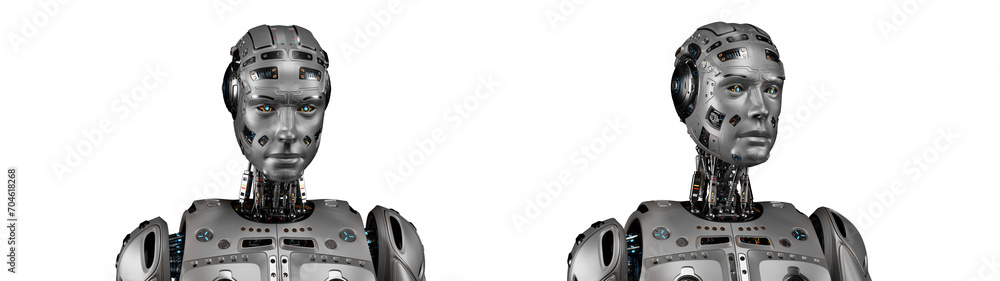 Fototapete sci fi robot or humanoid machine with highly detailed face looks around. set of two different poses.