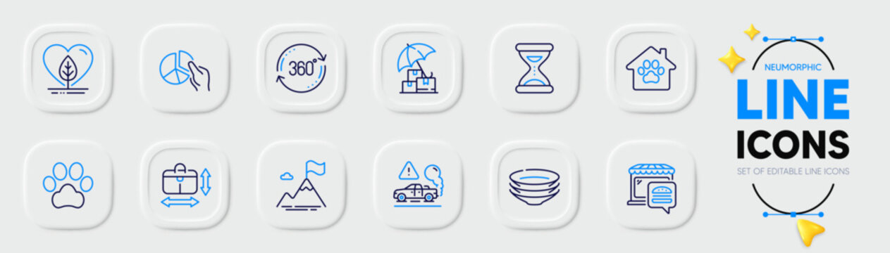 Dishes, Time and Delivery insurance line icons for web app. Pack of Local grown, Mountain flag, Food market pictogram icons. Handbag size, Dog paw, Exhaust signs. Full rotation. Vector