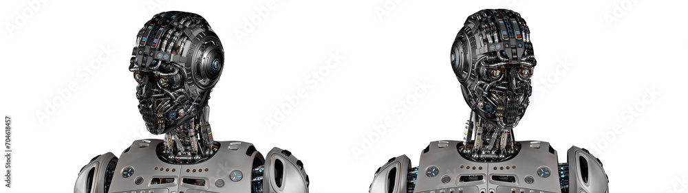 Fototapete sci fi robot or humanoid machine with highly detailed face looks around. set of two different poses.