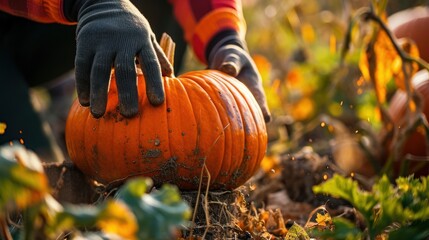 Close-up shot of a farmer's hands holding a large, ripe pumpkin in an agricultural field, capturing the essence of fall harvest and Thanksgiving festivities. - Powered by Adobe