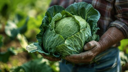 Fototapeta premium A young man proudly holds a large cabbage, showcasing the beauty of organic farming, fresh produce, and the nourishment of homegrown vegetables.