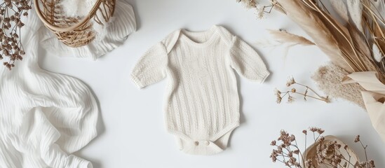 Fototapeta na wymiar Bohemian style flat lay of a neutral-colored newborn bodysuit mockup, perfect for baby or pregnancy announcements and design presentations, viewed from the top.