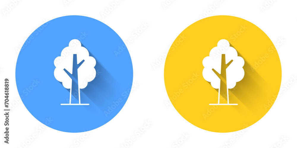 Poster white tree icon isolated with long shadow background. forest symbol. circle button. vector