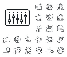 Music sound sign. Place location, technology and smart speaker outline icons. DJ controller line icon. Musical device symbol. DJ controller line sign. Influencer, brand ambassador icon. Vector