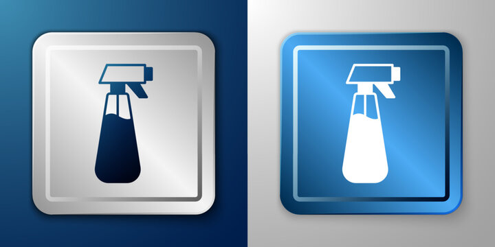 White Garden sprayer for water, fertilizer, chemicals icon isolated on blue and grey background. Silver and blue square button. Vector