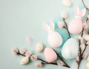 Easter background in pastel colors with eggs and catkins 