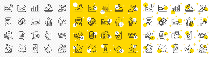 Outline Approved phone, Online voting and Ranking stars line icons pack for web with No waterproof, Money, Reject web line icon. Approved, Info, Graph chart pictogram icon. Analysis app. Vector