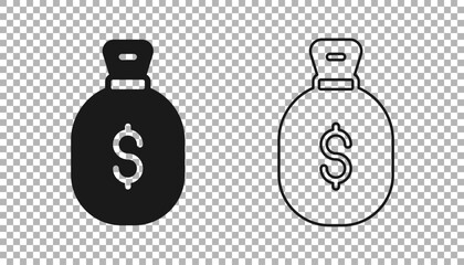 Black Money bag icon isolated on transparent background. Dollar or USD symbol. Cash Banking currency sign. Vector