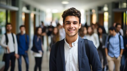 Confident male college student with a group of blurred students in the background - obrazy, fototapety, plakaty