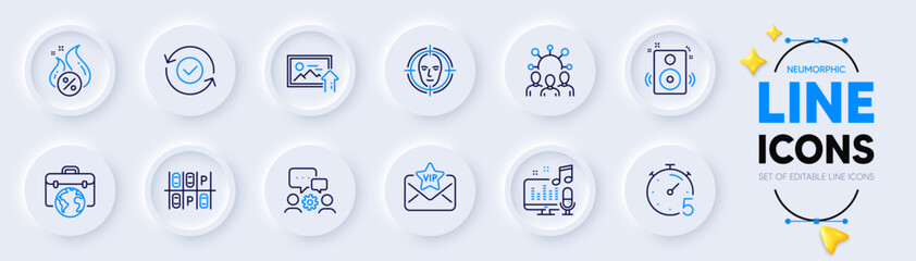 Engineering team, Podcast and Parking place line icons for web app. Pack of Security confirmed, Face detect, Speakers pictogram icons. Squad, Vip mail, Hot loan signs. Businessman case. Vector
