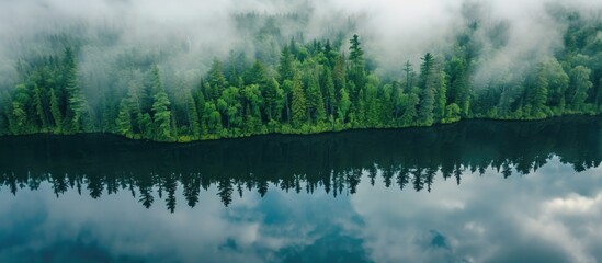 Cloudy reflections of forest-surrounded lake in Northern Ontario captured from above.