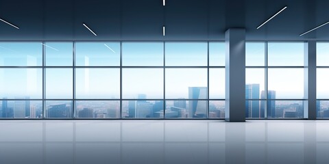 Panoramic view of modern empty office space with large windows