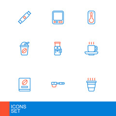 Set line Coffee cup to go, filter holder, book, Iced coffee, Electric grinder, thermometer and Electronic scales icon. Vector
