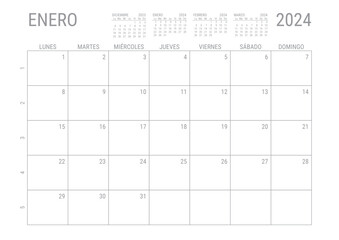 Enero Calendario 2024 Mensual para imprimir con numero de semanas A4  - obrazy, fototapety, plakaty