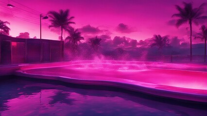 sunset in the city  A summer background with an illustration of water splashes in a pool. The water is pink and colorful